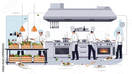 Professional chefs work in a large commercial kitchen preparing fresh vegetable meals on multiple stoves.