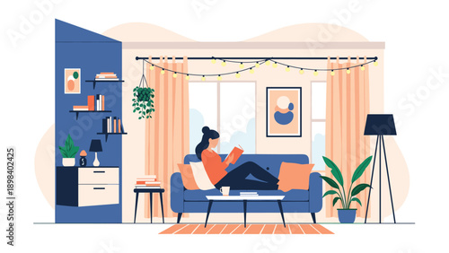 Cozy living room provides a relaxing space for a woman reading a book on a comfortable blue sofa.