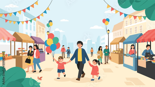 Happy family with young children walks through an outdoor street market with colorful stalls and balloons.
