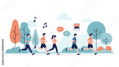Group of diverse people jogging and running through a lush green park for fitness while listening to music and chatting.