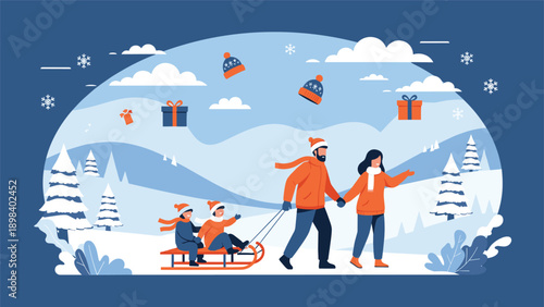 Happy parents pulling their two children on a sled through a beautiful snowy mountain landscape during winter vacation.