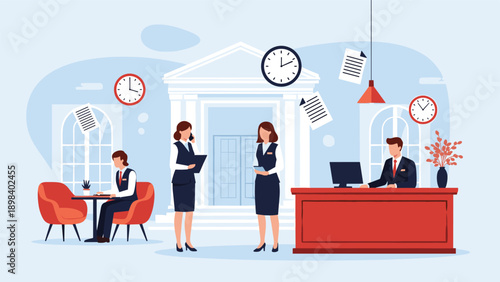 Bank employees serving customers at counters and tables in a classic bank interior with clocks showing different times.