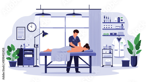 Male therapist providing a relaxing back massage to a female client in a professional clinic or spa treatment room.