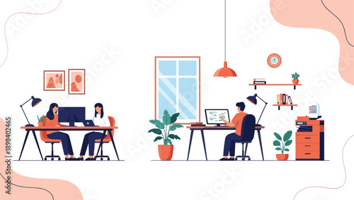 Professional employees working at their desks with computers and laptops in a clean and organized modern office space.