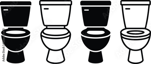 Four toilet icons in black and white with open and closed lids restroom bathroom