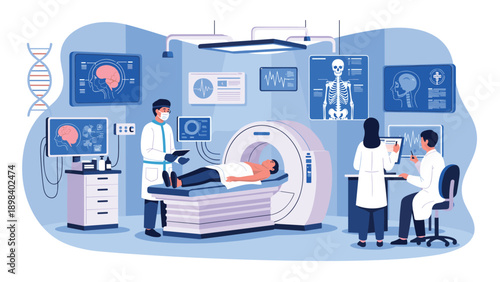 Medical professionals performing an MRI scan on a patient in a high tech diagnostic room with various monitoring screens.