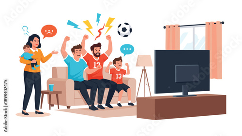 Group of men cheering for a sports game on television while a stressed woman watches over a crying baby in the room.