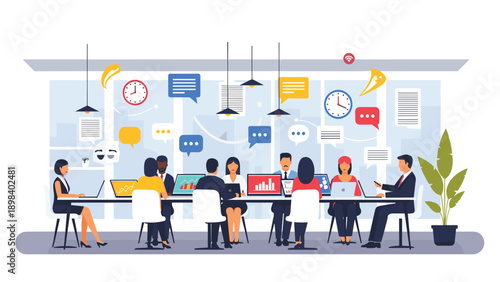 Large group of professional business people working together on laptops at a long shared table in a modern office.