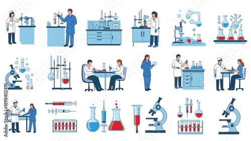 Set of professional scientists performing experiments and using microscopes in various laboratory research settings.