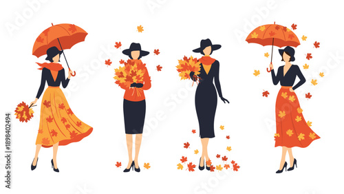 Elegant fashion silhouettes of women wearing stylish autumn outfits and carrying umbrellas amidst falling maple leaves.