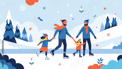Happy family with children enjoys ice skating on a frozen pond surrounded by snow-covered pine trees in a beautiful winter landscape.