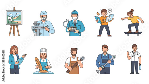 Diverse collection of professional characters shows various occupations including dentist, chef, painter, and mechanic in a flat design style.