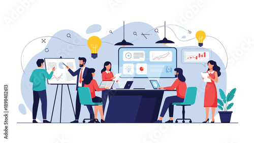 Professional business team collaborates in a modern office workspace while analyzing financial data charts under glowing light bulbs of ideas.