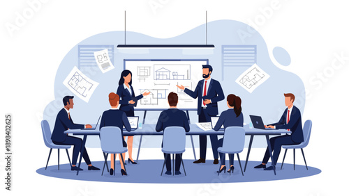 Architectural team conducts a business meeting in a professional boardroom to discuss construction blueprints and building design plans.