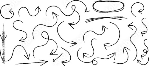 A collection of hand drawn black and white swirling lines and arrows suggests movement direction and abstract concepts high quality professional detailed modern