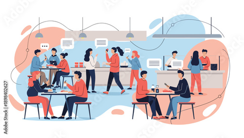 Hungry people enjoy meals and conversation in a busy modern cafeteria or food court featuring various seating areas and a service counter.