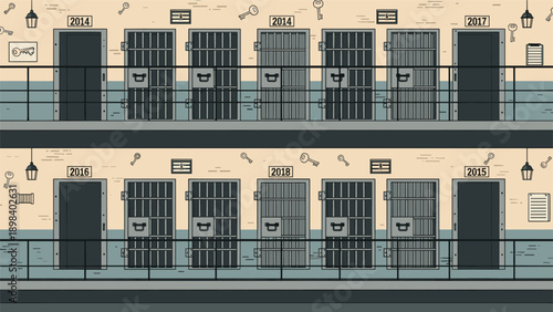 Graphic illustration displays a two-story prison facility with multiple barred cell doors, wall keys, and security lamps in a flat style.