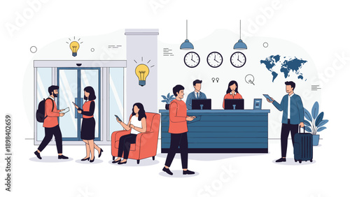 Travelers and guests wait in a modern hotel lobby featuring a reception desk, international clocks, world map, and comfortable seating area.