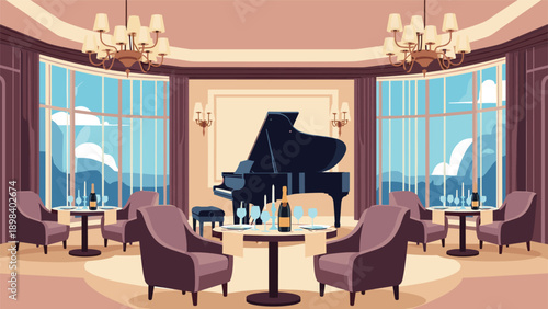 Luxurious restaurant interior features a grand piano, elegant chandeliers, and set tables with champagne for a sophisticated dining experience.