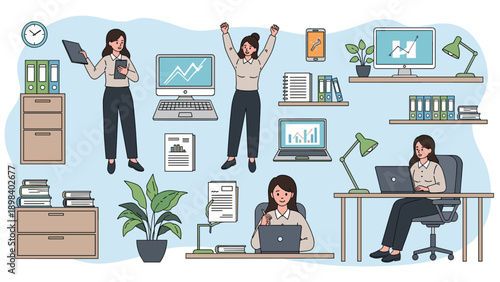 Female office workers perform various administrative tasks at their desks surrounded by office supplies, computers, and filing cabinets.