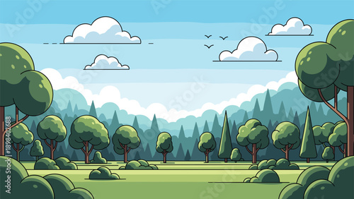 Peaceful summer landscape showcases rolling green hills, a variety of leafy trees, and a clear blue sky with soft white clouds in nature.