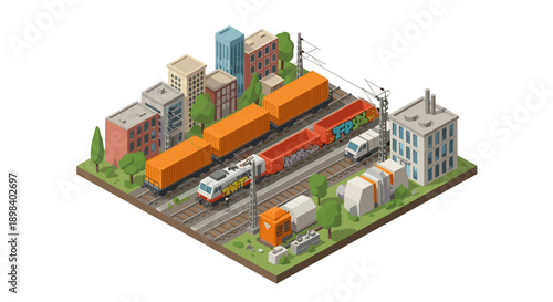 Isometric freight train passing through urban landscape with cargo containers