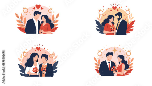 Four romantic scenes show diverse couples sharing moments of love and affection surrounded by stylized floral patterns and heart symbols.