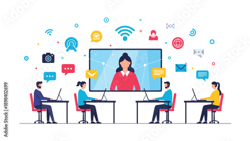 Modern business professionals participate in a global video conference call while working at their individual desks with laptop computers.