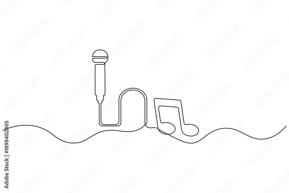 Obraz premium Vintage microphone with musical notes continuous one line drawing on white 