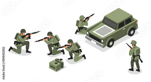 Isometric military team with tactical gear and vehicle on white background