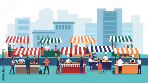 Bustling outdoor market features numerous vendors selling fresh food to diverse customers in a city setting.