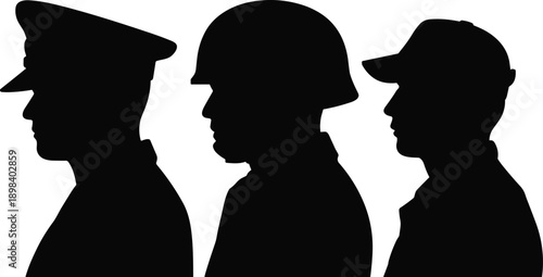 Three black silhouette profiles of men wearing different hats Keywords: silhouette, profile, man, men, head, face, hats, cap
