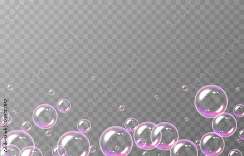 Realistic soap bubbles PNG. Flying soap bubbles on an isolated transparent background. Bubbles from foam or detergent.