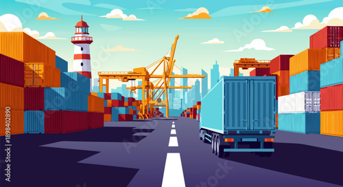 Logistics and shipping container terminal vector illustration with truck and crane