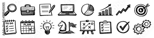 Creative hand-drawn business and productivity icons including analytics, tasks, ideas, planning, growth, and management tools.