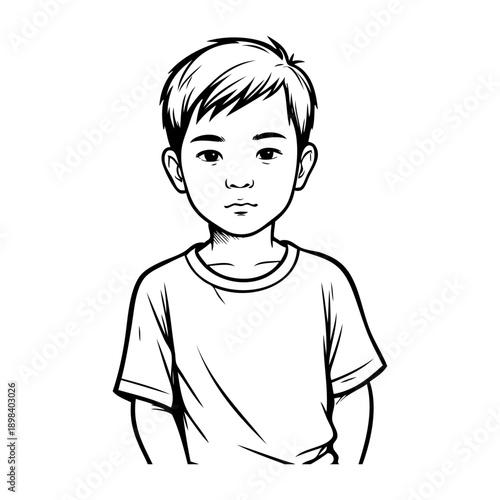 Dibujo sencillo con líneas de un niño de raza asiática con camiseta de manga corta 