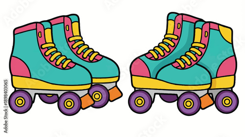 cartoon style roller skates with purple wheels and yellow laces