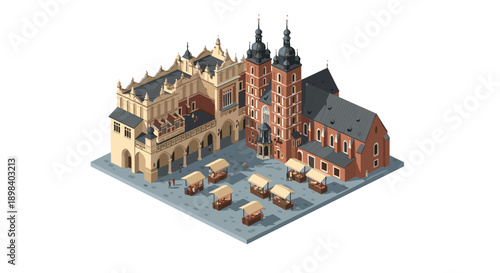 Isometric european market square with historic architecture and stalls
