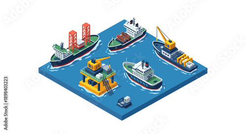Isometric maritime scene with oil rig and cargo ships on ocean
