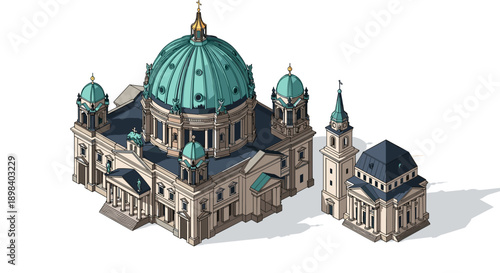 Majestic cathedral architecture in detailed isometric design with green domes