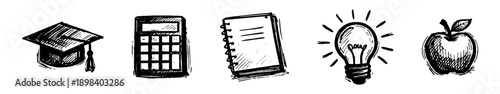 Hand-drawn school icons including a graduation cap, calculator, notebook, light bulb, and apple. Education symbols in sketch style on white.
