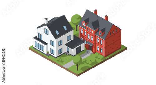 Charming isometric houses with green landscape and trees in suburban neighborhood