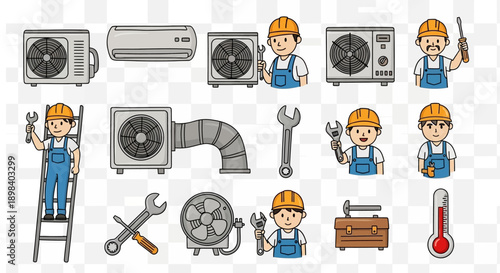 HVAC Technician Tools and Equipment Icons Set.