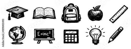 Set of hand-drawn education sketches: graduation cap, book, globe, apple, and more. Artistic black ink doodles for school themes.