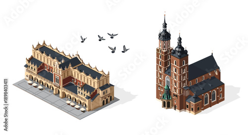 Historic krakow architecture with st mary's basilica and cloth hall in isometric design