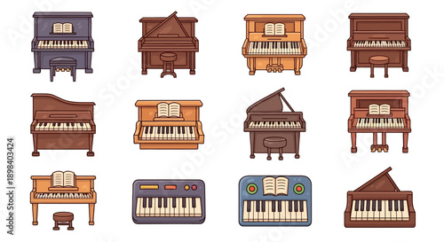 Variety of Pianos and Keyboards in Illustration.