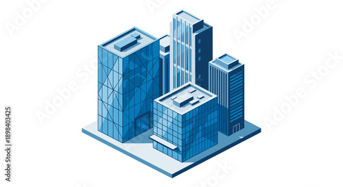 Modern urban architecture in blue tones: isometric buildings on a white background