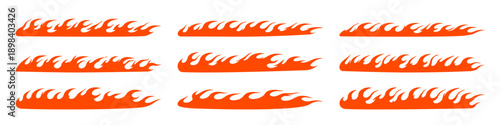 Set of nine orange flame vector decals for car tuning, racing, and hot rod styling. Graphic fire borders isolated on white background.
