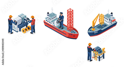 Maritime engineering and shipping: isometric illustrations of cargo ships and dock workers