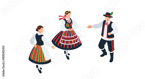 Traditional folk dance celebration with vibrant costumes in isometric style